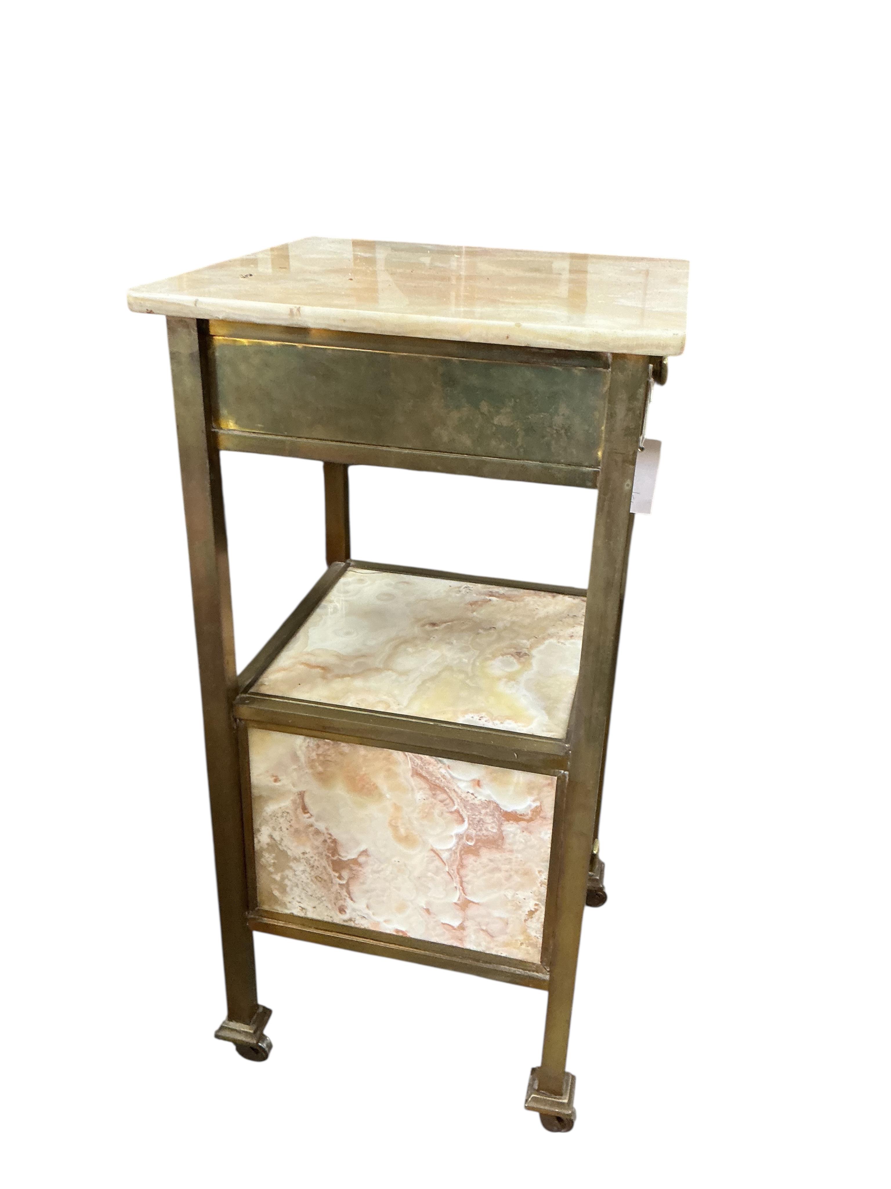 A French onyx and brass two tier washstand, width, 40cm, depth 40cm, height 81cm